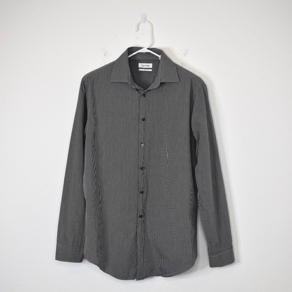 Calvin Klein Mens Button Down Shirt Sz 16 1/2 34/35 Slim Fit Pinstripe Neutral